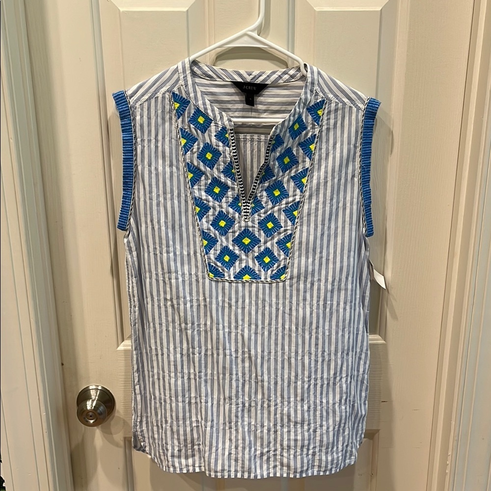 J. Crew White and Blue Embellished Sleeveless Blouse